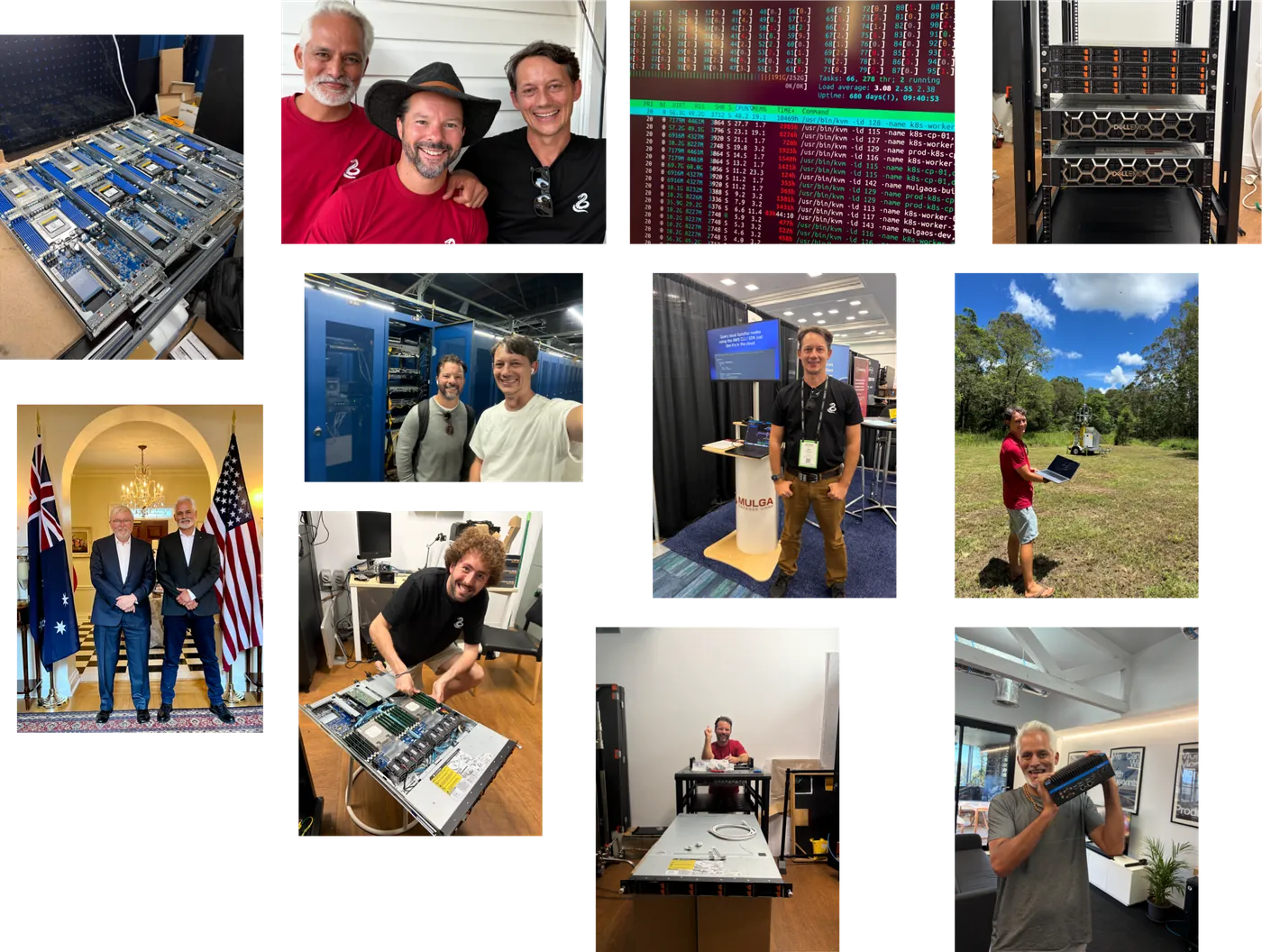 Photos from around Mulga: bare-metal servers being racked and built, the team at a data centre and at a conference booth, field testing in the bush, and meetings in Australia and the US.